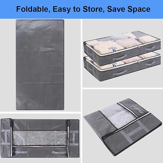 Under Bed Storage Containers, 4-Pack Large Underbed Storage Bags Organizer, Thick Fabric Storage Bins with Clear Window and Handles for Blanket, Comforter, Bedding, Clothes, Black