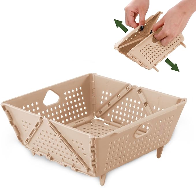 Plastic Collapsible Strainers and Colanders, Foldable Food Strainer for Kitchen, Space-Saving Folding Drain Basket Bowl for Pasta Fruit Vegetables Drainage Storage Dishwasher (Apricot)