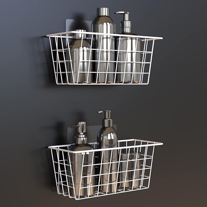 MaraFansie Wall Wire Baskets Bin No Drilling Adhesive Hanging Baskets Wall Mounted for Cabinet & Pantry Organization and Kitchen, Bathroom, Bedroom Storage, 2 Pack, White