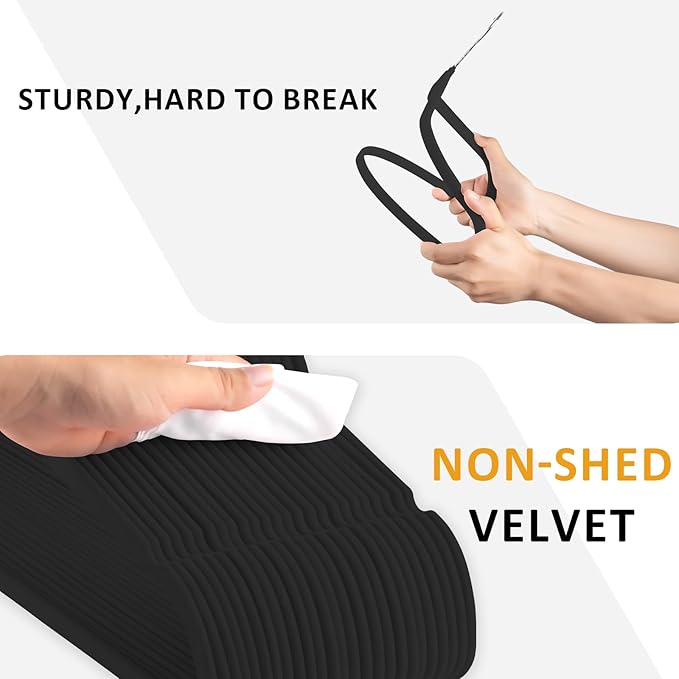 ELONG HOME Velvet Hangers, 50 Pack Black Slim Felt Hangers with 360 Swivel Hook, Non-Slip, Heavy Duty for Coats, Pants & Dresses
