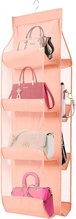 AARAINBOW 1 Pack Hanging Handbag Purse Organizer, Hand Bag Organizer Space Saving, 8 Pockets Wardrobe Organizer, Purse Holder for Closet, 46 L x 13.8W (B-Light Pink)