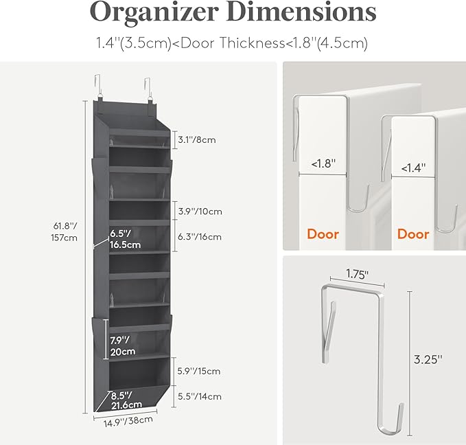 Lifewit 1 Pack Over the Door Organizer, Clear Window Hanging Storage with 4 Mesh Side Pockets, Anti Tilt 40 lbs Load Behind Door for Pantry, Nursery, Bathroom, Bedroom, Dorm, 6 Section, Gray