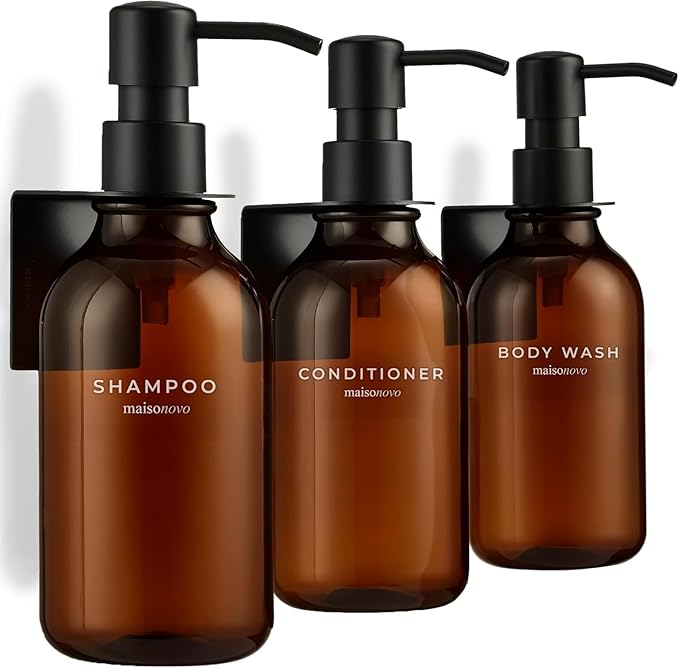 MaisoNovo Shampoo and Conditioner Dispenser - Shower Soap Dispenser Wall Mounted - 16.9 fl oz Set of 3 Amber Plastic Bottles Black Plastic Pump - 3 Chamber No Drill