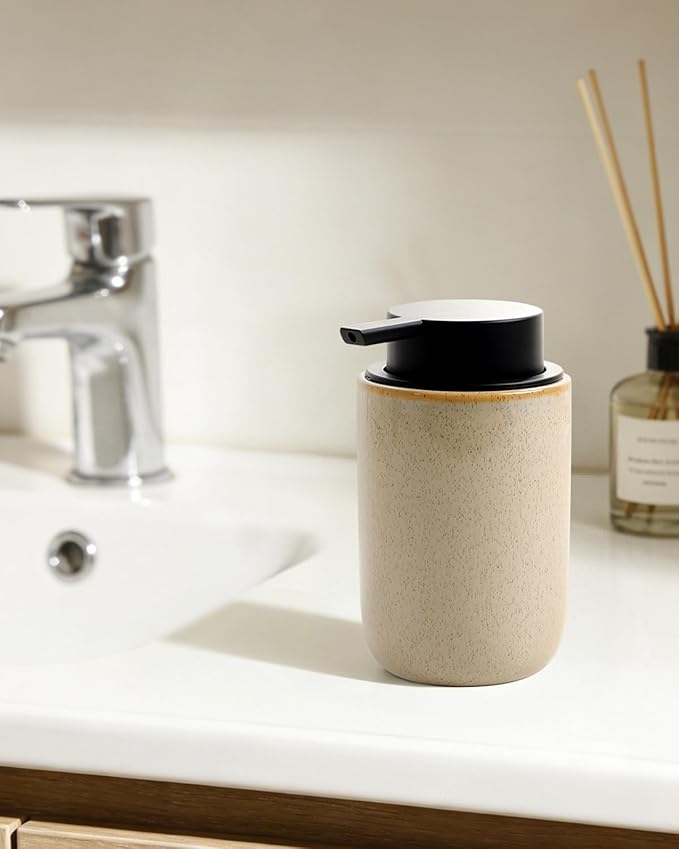 BosilunLife Lotion Pump Dispenser - Hand Soap Dispenser Bathroom Ceramic Dish Liquid Soap Dispenser for Bathroom, Kitchen, Countertop Soap Dispensers (Greige with Speckle, Liquid Pump)