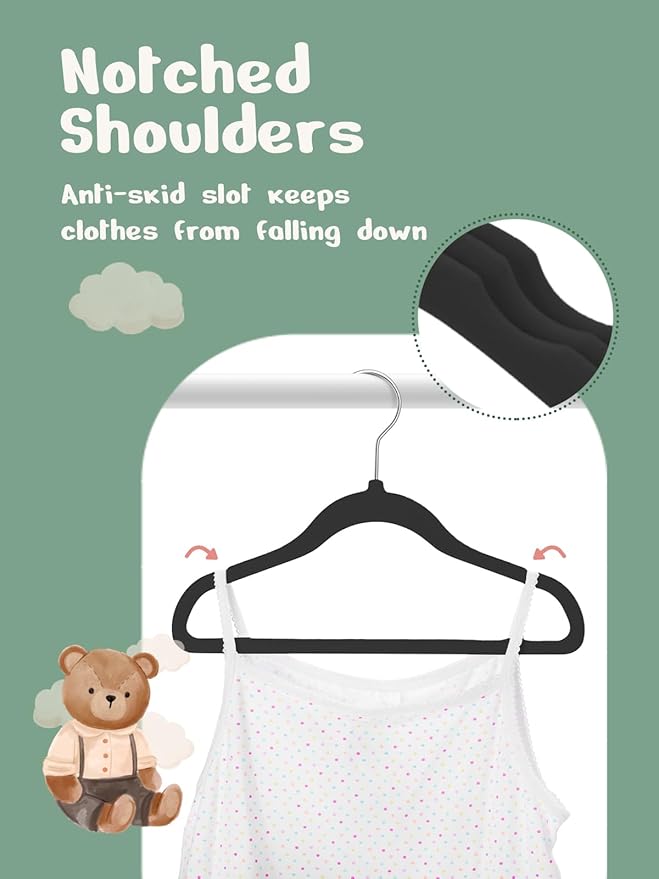 HOUSE DAY 11 Inch Velvet Baby Hangers 50 Pack Black, Premium Kids Hangers for Children/Infant/Toddler Clothes, Durable Non Slip Small Baby Felt Hanger for Closet, Ideal for Everyday Use