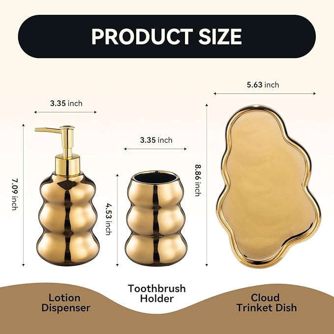 Gold Bathroom Accessory Set, 3-Piece Gold Ceramic Bath Accessories Set with Tray, Lotion Dispenser, and Tumbler for Luxurious Bathroom Decor