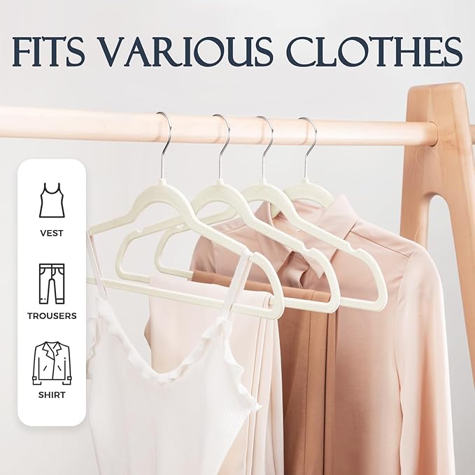 HOUSE DAY Ivory Velvet Hangers 60 Pack, Non Slip Clothes Felt Hanger Heavy Duty for Coat, Premium Slim Space Saving Suit Hangers for Closet Organizer, 360° Rotating Silver Hook
