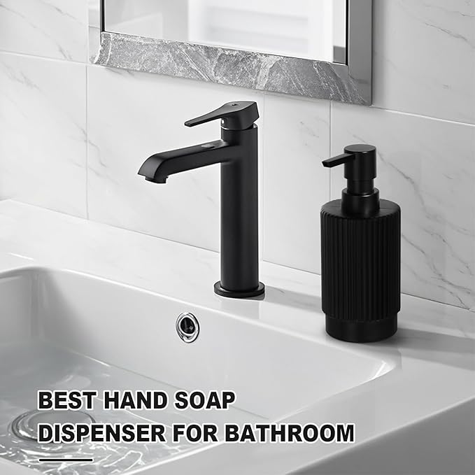 Black Soap Dispenser, 11 fl oz Hand Soap Dispensers for Bathroom, Matte Black Ribbed Glass Dish Soap Dispenser for Kitchen with Pump, Modern Refillable Liquid Soap Pump Bottle