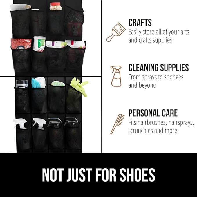 GORILLA GRIP Over the Door Shoe Organizer, 2 Pack, 24 Breathable Mesh Pockets, Space Saving Hanging Storage Holder, Closet Rack Hanger Holds Up to 40 lbs, Hangs on Closets, Shoes, Accessories, Black