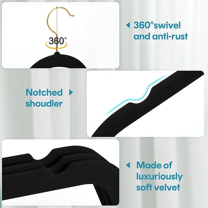 UNEED Black Velvet Hangers with Golden Hooks, 22 Pack - Ultra Thin Space Saving, Non-Slip Clothes Hangers for All Clothing, Dorm & Closet Organization (Heavy Duty, Anti-Scratch,360° Protection)