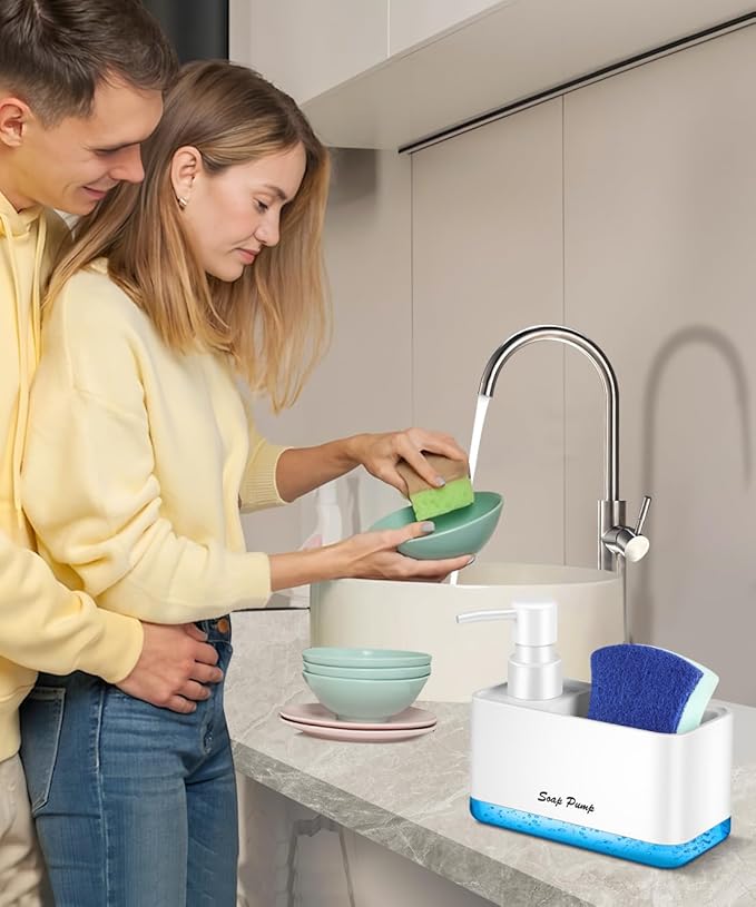 Dish Soap Dispenser with Sponge Holder, 2-in-1 Countertop Small Soap Dispenser for Kitchen and Bathroom, Multi-Scene for Dish Soap, Hand Soap, Lotion, Body Wash (White)