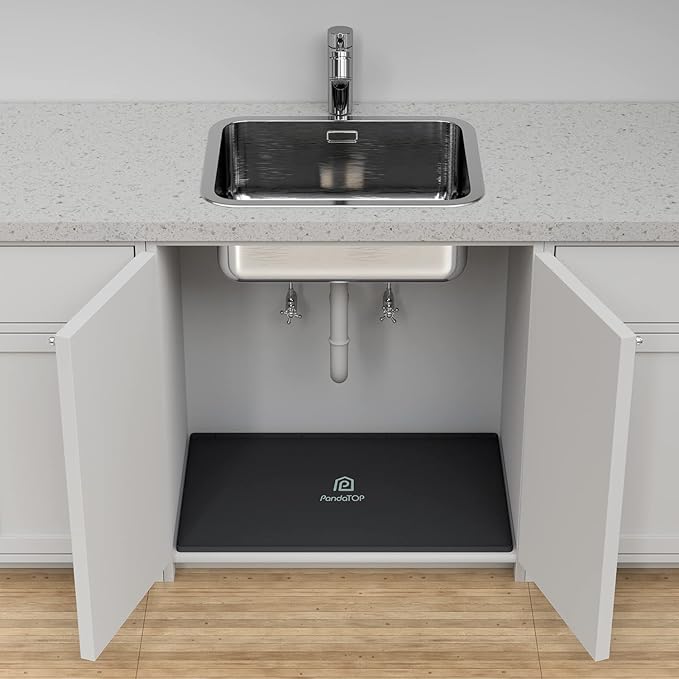 Under Sink Mat, 22" x 19" Silicone Kitchen Cabinet Tray, Waterproof & Flexible Under Sink Liner for Kitchen Bathroom and Laundry Room(Black)