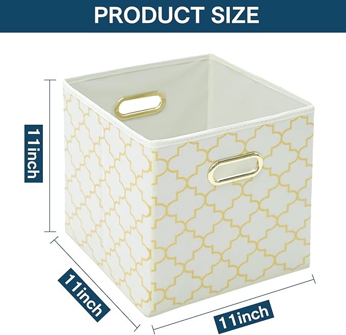 Fabric storage bins Cubes, Fabric Cube Organizer with Handle, Foldable Cube Bins for Cloth or Accessary Storage, 11x11x11, Set of 3, (Creamy-White Gold)