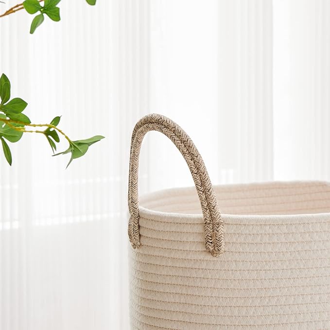 VIPOSCO Large Laundry Hamper, Tall Woven Rope Storage Basket for Blanket, Toys, Dirty Clothes in Living Room, Bathroom, Bedroom - 58L White & Brown