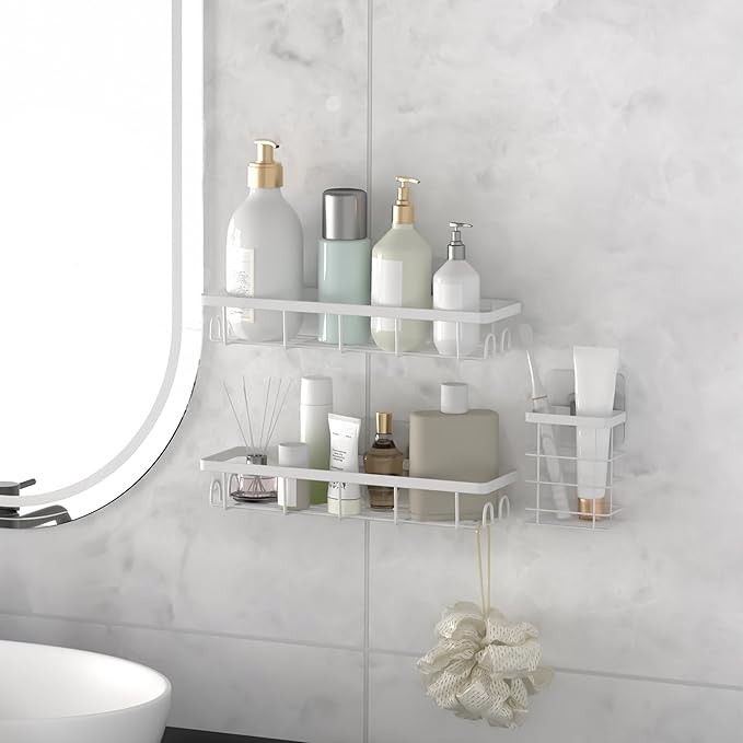 Uninol Shower Caddy Organizer with Hooks,Self Adhesive Bathroom Shelves,Shower Shelves,No Drilling Bathroom Organizers and Storage,Perfect for RV, Apartment, Home Decor,3 Pack White
