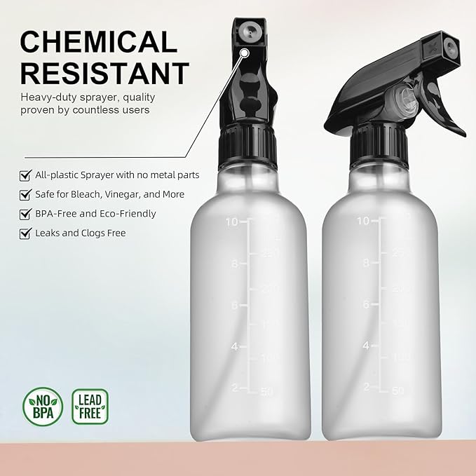 Bealee Spray Bottles 2 Pack, 10 Oz, Mist & Stream, Heavy Duty Spraying Empty Water Sprayer Bottle, BPA Free Plastic Refillable Containers for Cleaning Solutions, Planting, Hair with Measurement