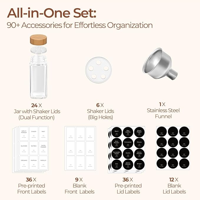 ComSaf Spice Jars with Label 4 oz 24Pcs, Glass Spice Jars with 6 Extra Shaker Inserts and 93 Labels, Seasoning Set with Bamboo Lids and Metal Funnel, Square Containers for Organization, Salt, Pepper