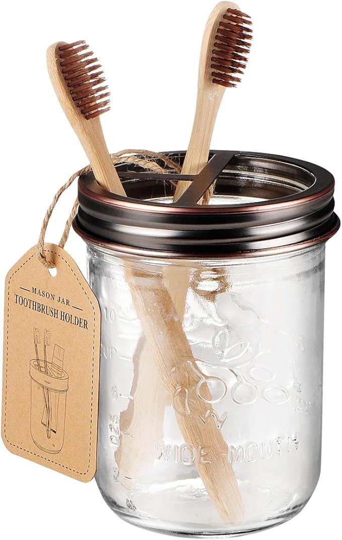 Amolliar Mason Jar Bathroom Accessories Set 4 Pcs -Lotion Soap Dispenser & 2 Qtip Holders & Toothbrush Holder - Rustic Farmhouse Decor, Bathroom Home Decor, Perfect Decorating Idea (Oil Rubbed Bronze)