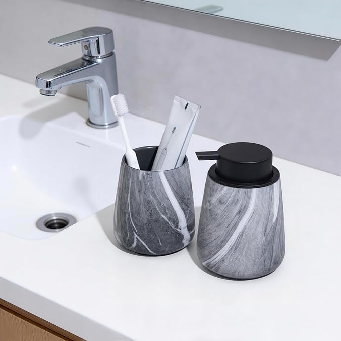 Marble Grey Toothbrush Holder for Bathroom - Ceramic Tooth Brushing Holders, Toothbrush Cup, Toothpaste Organizer for Bathroom Countertop, Makeup Brush Holder, Pen Holder for Home Desktop Storage