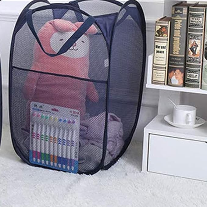 Pop up Laundry Hamper, Foldable Mesh Clothes Hamper for Kids Room, College Dorm or Travel, Collapsible Laundry Basket for Storage, Blue