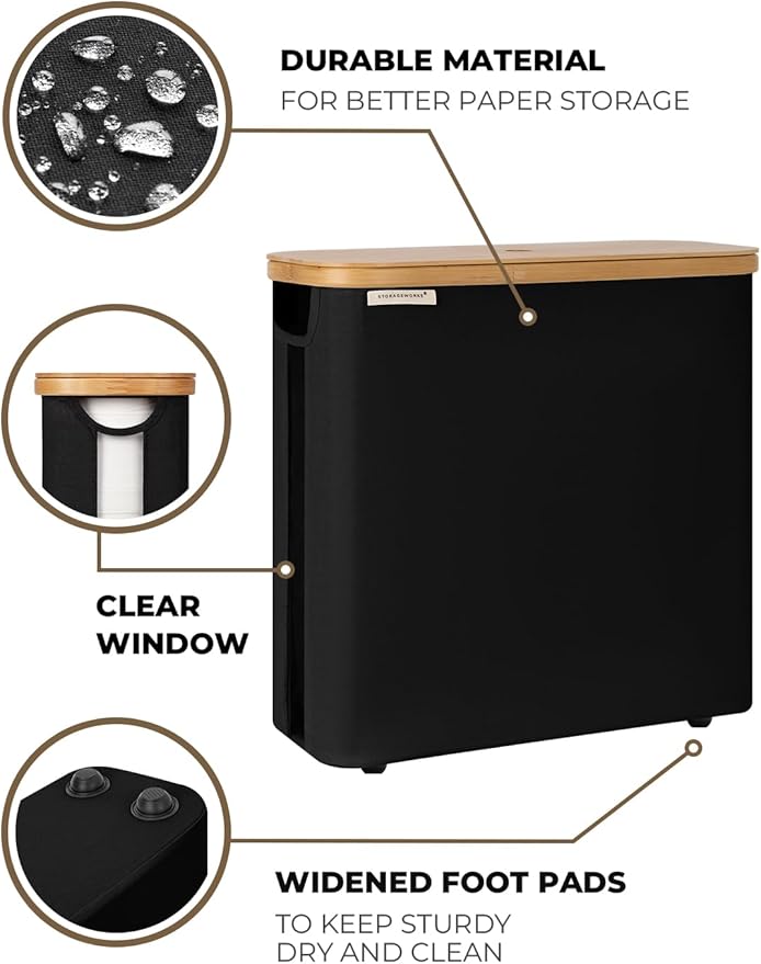 StorageWorks Large Toilet Paper Storage with Bamboo Lid, Toilet Paper Holder Basket for Up to 12 Mega or 16 Regular Size Rolls, Paper Storage Baskets for Bathroom, Black, 1 Pack