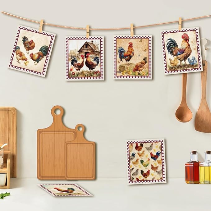 6Pcs 6 Styles Swedish Dish Cloths for Kitchen Reusable Quick Drying Sponge 7.7 x 6.8 Inch Rooster Chicken Dish Cloths Biodegradable Absorbent Towels for Home Office Countertop Tableware Use