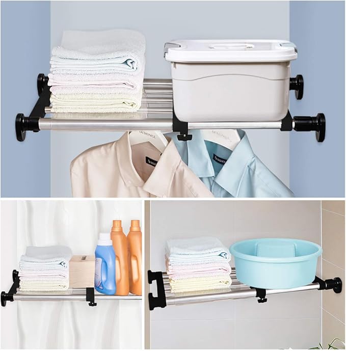 BAOYOUNI Expandable Closet Shelf Tension Rod Clothes Hanger Storage Rack Adjustable DIY Shelving Unit Cabinet Kitchen Bathroom Divider Separator Organizer, Black