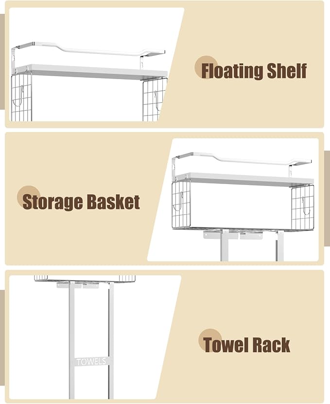 Towel Racks for Bathroom - Wall Mounted Metal Rack with Wood Plank, Bathroom Storage Organizer, Towel Holder Stores 6 Large Rolled Towels Easily, Silver with White Plank