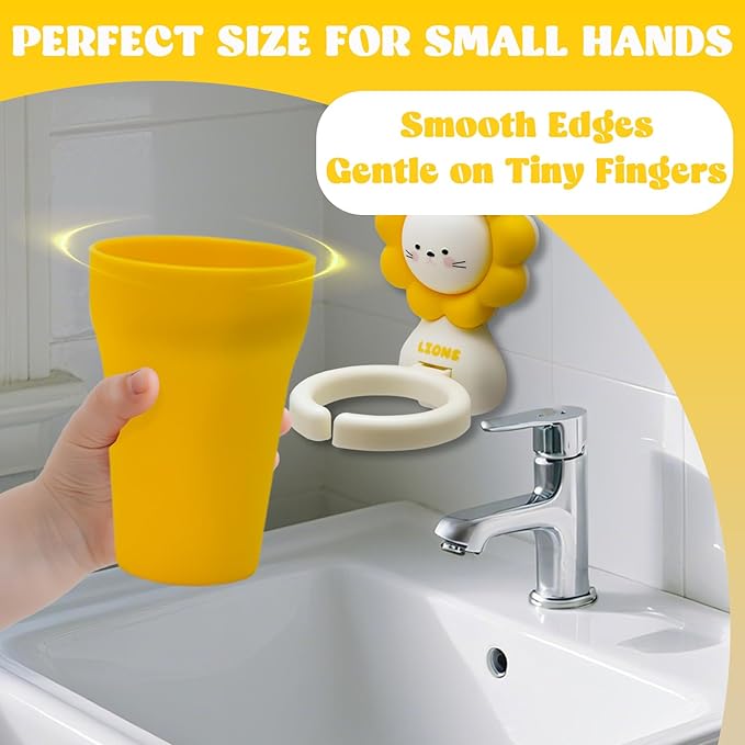 Cute Kids Toothbrush Holder with Cup & Toothpaste Wall Mounted, Adhesive Bathroom Organizer - Kids Bathroom Decor Accessories, Animal Toothbrush Holders for Kids - Yellow Lion