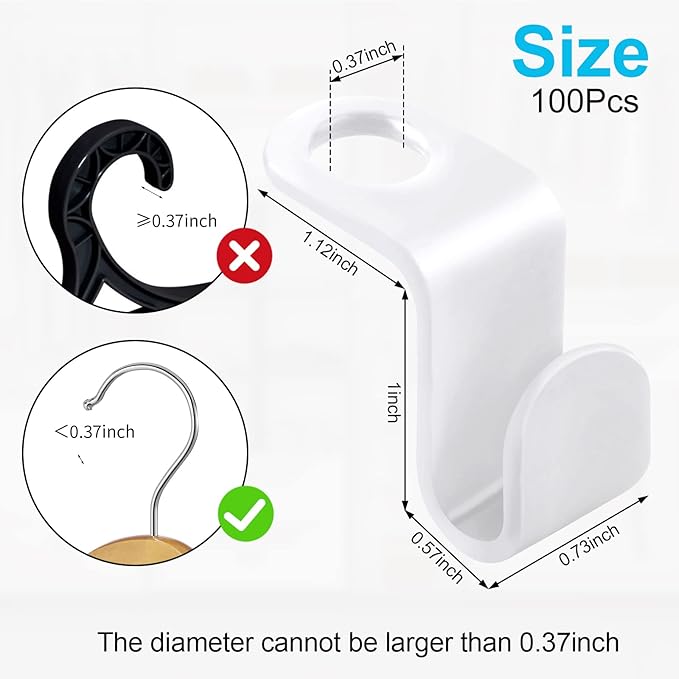 100 PCS Space Saving Hanger Hooks and Clips for Plastic Hangers (White)