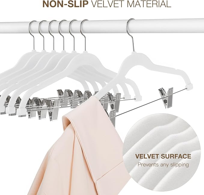 Korpai 24-Pack White Velvet Hangers with Clips Adjustable,Outfit Hangers,Heavy-Duty,Non-Slip,Space Saving, Felt Hanger for Pants, Skirts, Suits,Coats, Dresses ect.