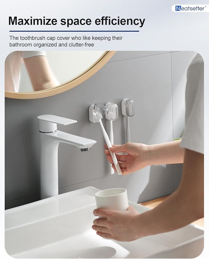 NEATSETTER Toothbrush Holder with Auto-Close Cover – Waterproof, Dust-Proof Tooth Brush Hanger Rack for Electric Toothbrushes, 3-Pack No Drill Wall-Mounted Toothbrushes Organizer - Grey