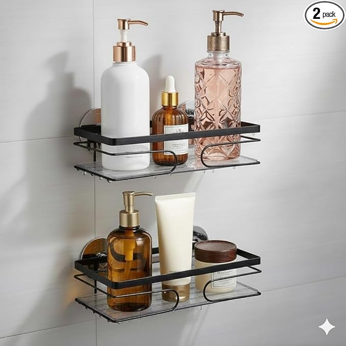 2-Pack Adhesive Corner Shower Caddy - Rustproof Bathroom Organizer with Strong Adhesives (Rectangle, Black)