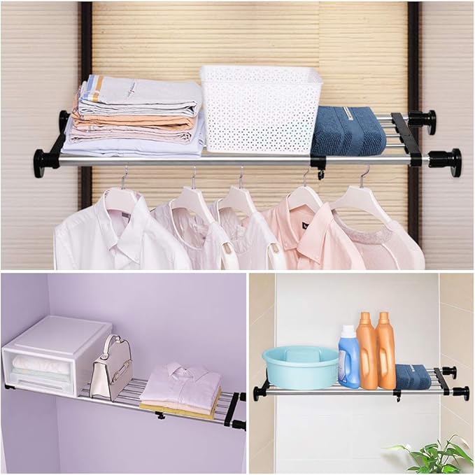 BAOYOUNI Expandable Closet Shelf Tension Rod Clothes Hanger Storage Rack Adjustable DIY Shelving Unit Cabinet Kitchen Bathroom Divider Separator Organizer, Black