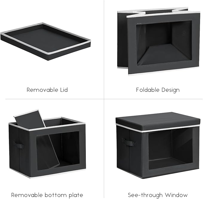 Storage Bins with Lids - Small Fabric Organizers with Window, Collapsible Storage Bins for Clothes, Decorative Closet Organizers for Towels, Tshirt, 3 Pack, Black