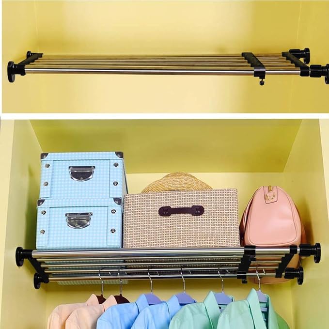 BAOYOUNI Expandable Closet Shelf Tension Rod Clothes Hanger Storage Rack Adjustable DIY Shelving Unit Cabinet Kitchen Bathroom Divider Separator Organizer, Black