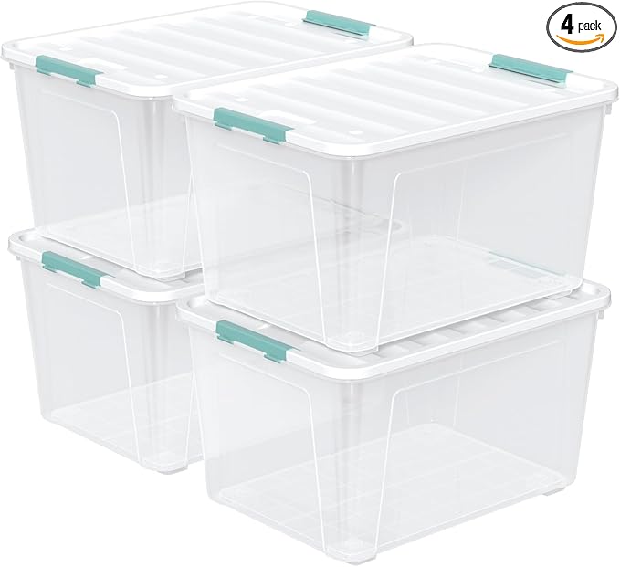 Tyminin 4-Pack 85 Quart Plastic Storage Bin, Stackable and Nestable Storage Boxes with White Lids and Secure Latching Buckles, Large Storage Container