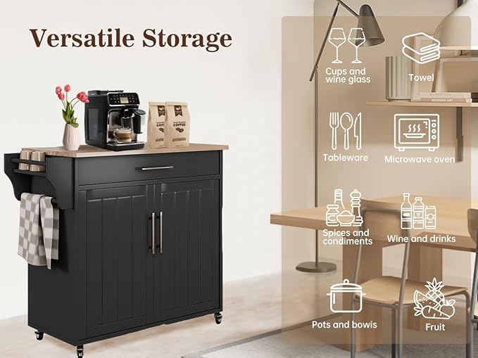 Kitchen Storage Island, Wooden Rolling Kitchen Island On Wheels with Countertop, Mobile Kitchen Island Cart with Towel Rack, Spice Rack and Drawers, Black