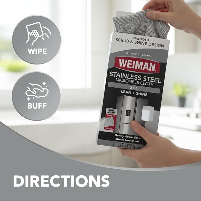 Weiman Microfiber Cloth for Stainless Steel, Safely Traps and Removes Dirt, Oil and Grime to Protect from Scratches 13.8" x 13.8" (Pack of 2)