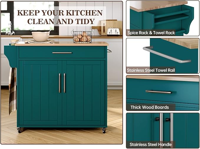 Kitchen Storage Island, Wooden Rolling Kitchen Island On Wheels with Countertop, Mobile Kitchen Island Cart with Towel Rack, Spice Rack and Drawers, Green