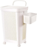 Ultra Wheeled Laundry Hamper with Lid, Suspended basket，Handle and Wheels for Easy Rolling of Clothes to and from The Laundry Room, Plastic（White）