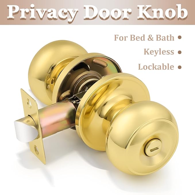 Probrico Privacy Door Knobs Lock Interior Bedroom Bathroom Door Handle Polished Brass Round Ball Keyless Lockset 5 Pack