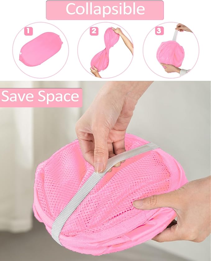 Durable Collapsible Laundry Baskets - Reinforced Mesh Pop Up Laundry Hamper with Side Pocket, Foldable Clothes Storage Hamper with Carry Handles for Laundry, Bathroom, Kids Room, Dorm or Travel Pink