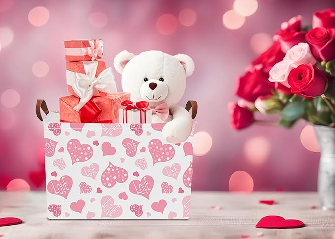 Rectangular Pink Gift Basket Empty,Fabric Storage Basket with Handles,Books Box,Lovely Storage Bin,Room Decor,Gift Basket (Polka Dot Heart)