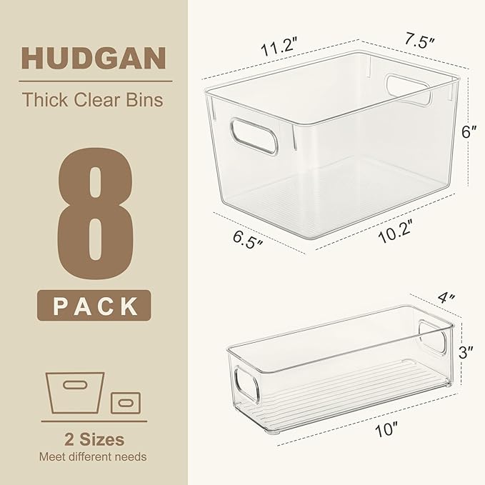 Hudgan 8 Pack Pantry Organizers and Storage, 4 Large Plastic Storage Bins and 4 Small Stackable Clear Containers for Home, Kitchen Cabinet, Freezer, Bathroom Shelf, Office