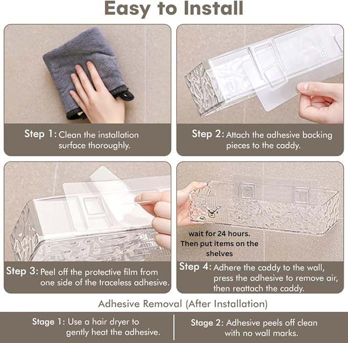 Acrylic Shower Shelves with Soap Dish & Toothbrush Holder, Clear Plastic Shower Caddy, Adhesive Bathroom Organizer Wall Mount, No Drill Installation 4 Pack