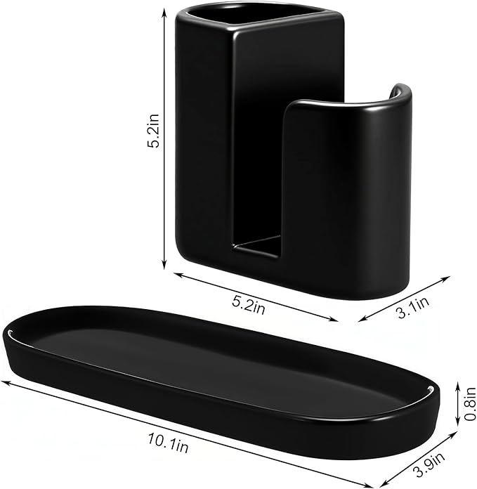 Geelin 3 in 1 Ceramic Kitchen Sink Caddy Dish Sponge Holder Scrub Brush Holder and Soap Tray for Kitchen Organizer Rustic Farmhouse Supplies(Black)