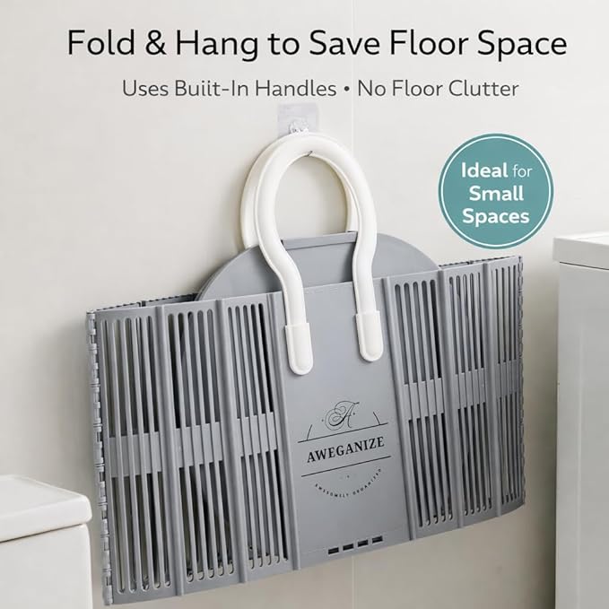 40L Collapsible Plastic Laundry Basket with Strong Handles – Sturdy Space-Saving Design for Daily Laundry Loads, Apartment & Home Use – Grey