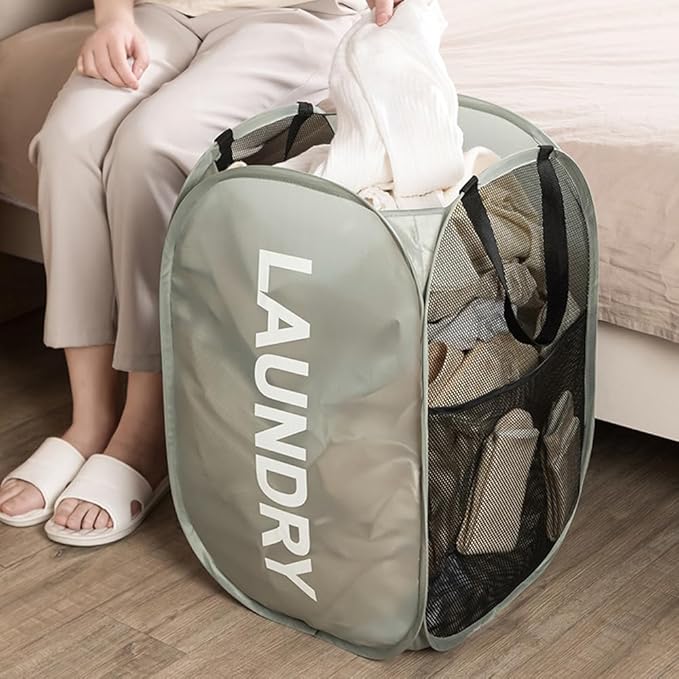 Larpur Pop Up Laundry Baskets, 2 Pack Mesh Laundry Hampers Collapsible Clothes Hampers for Home, Dorm, Travel (Gray + Blue)