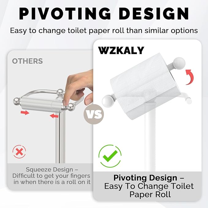 WZKALY Toilet Paper Holder Stand, White Toilet Paper Holder Free Standing, Post Pivoting Design & Stable Weighted Base SUS304 Stainless Steel for Bathroom (Mega Roll)
